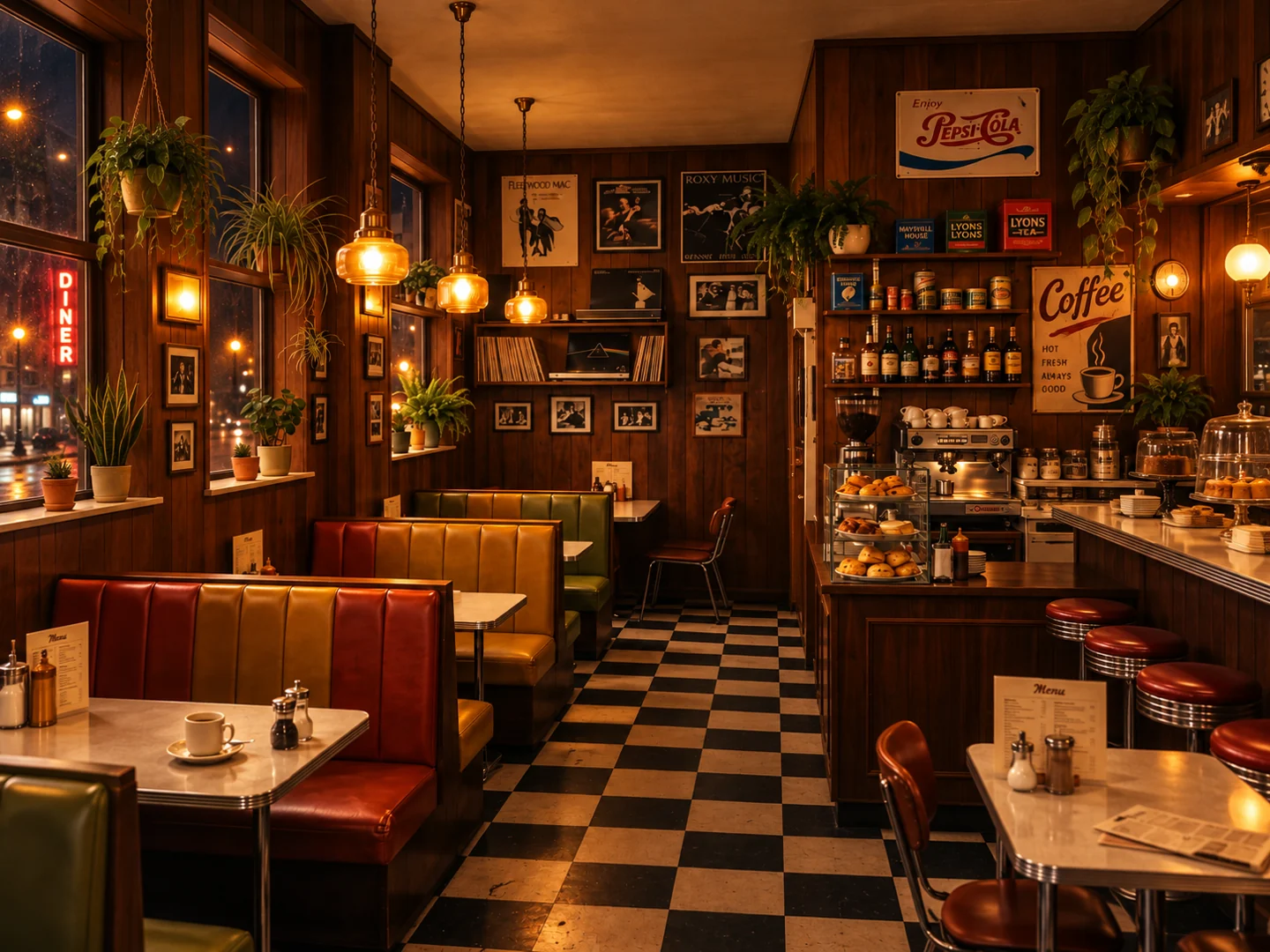 A warmly lit retro diner with booths, coffee cups and rain outside the windows.