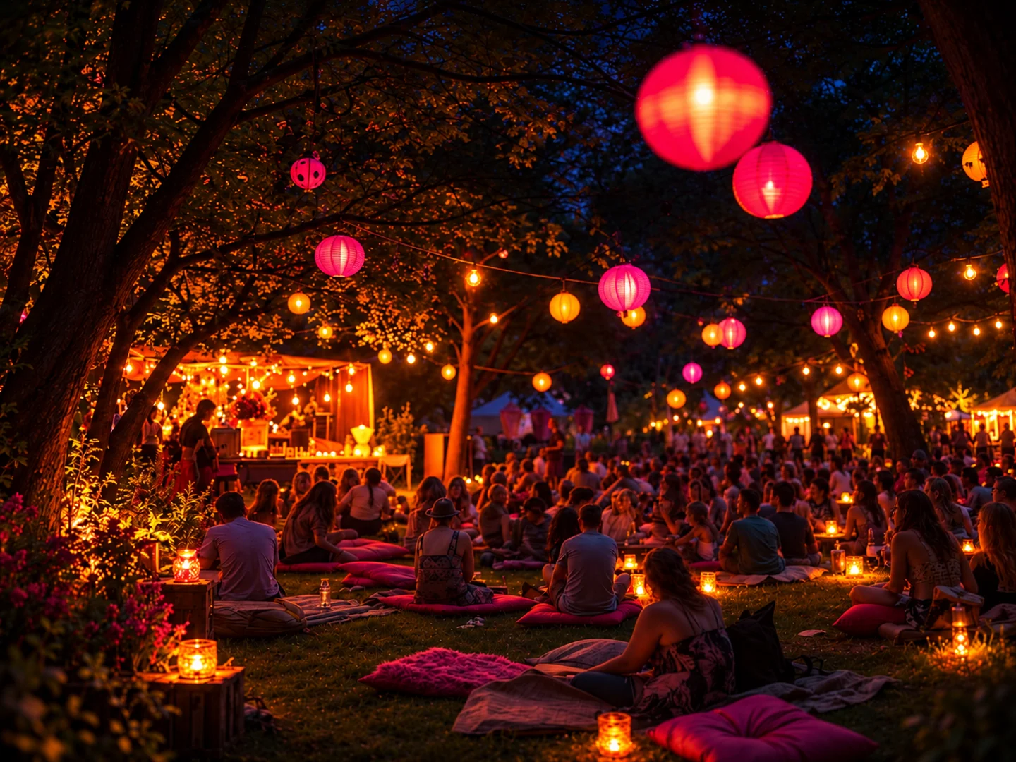 People sitting on picnic blankets beneath colourful lanterns at an outdoor evening gathering.