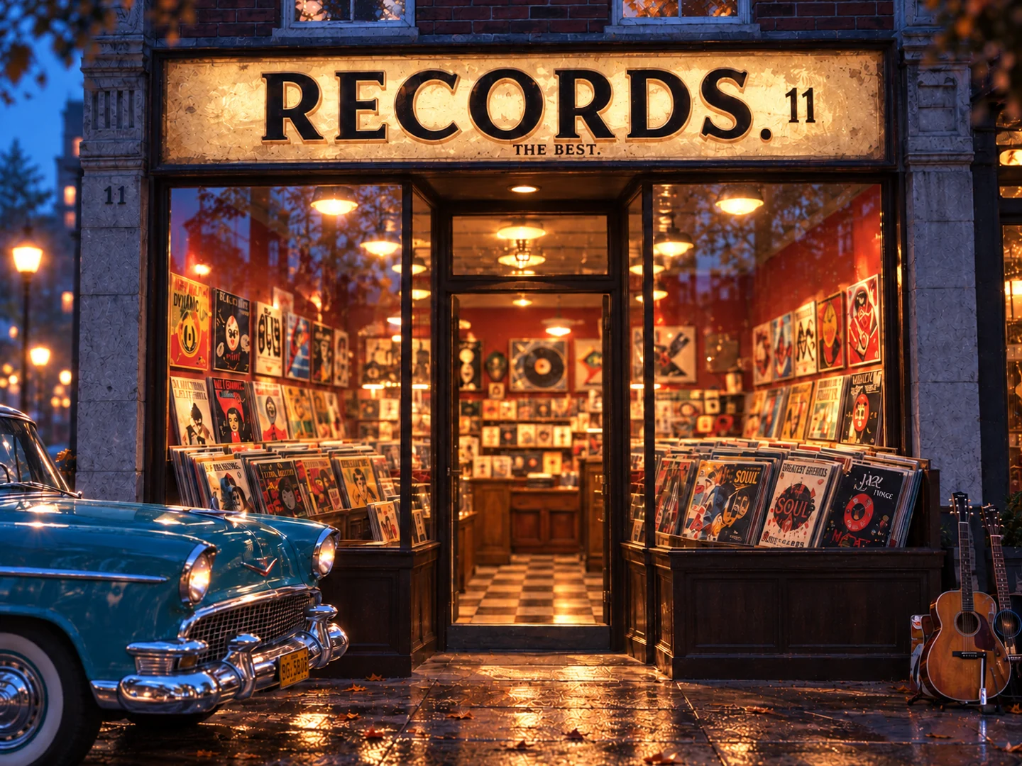 A record shop with warm window lights and vinyl displays beside a rain-wet street.